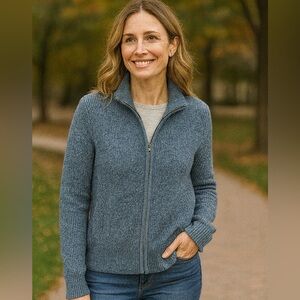 LL Bean Zip Up Sweater Womens Size L Large‎ Blue Chunky Cable Knit Cotton